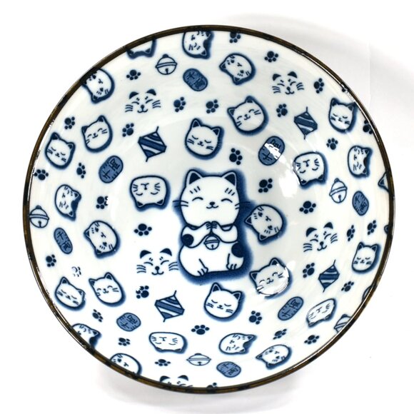 Japanese Gift Set of 2 MANEKI NEKO Lucky Cat Ramen Bowls + 2 Pairs of Chopsticks - Picture 1 of 2